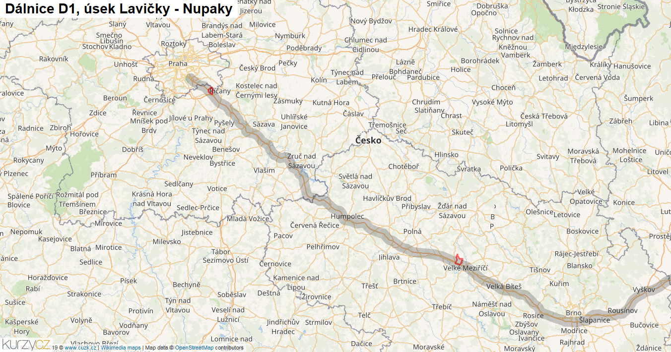 Úsek Lavičky - Nupaky, Dálnice D1 - Mapa