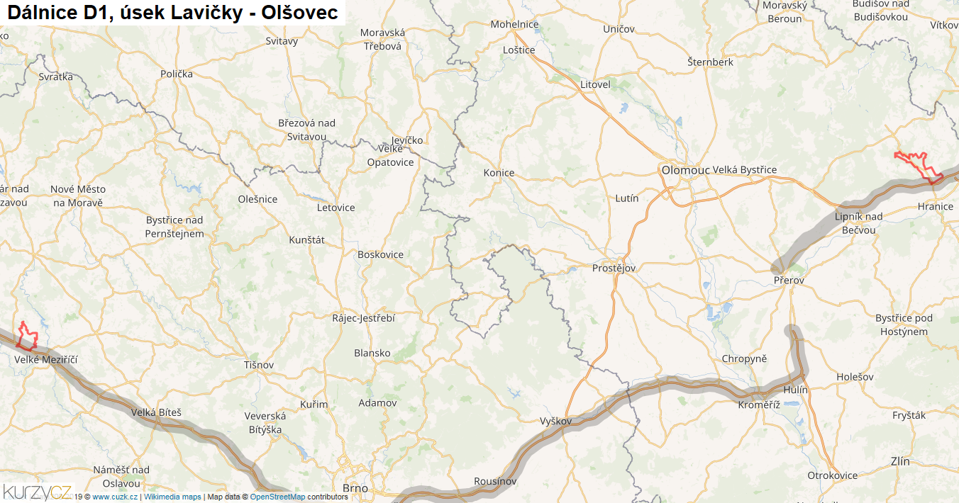 Úsek Lavičky - Olšovec, Dálnice D1 - Mapa