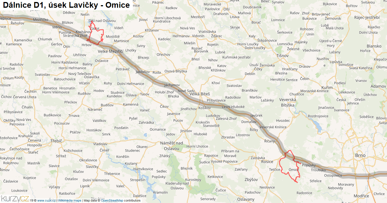 Úsek Lavičky - Omice, Dálnice D1 - Mapa