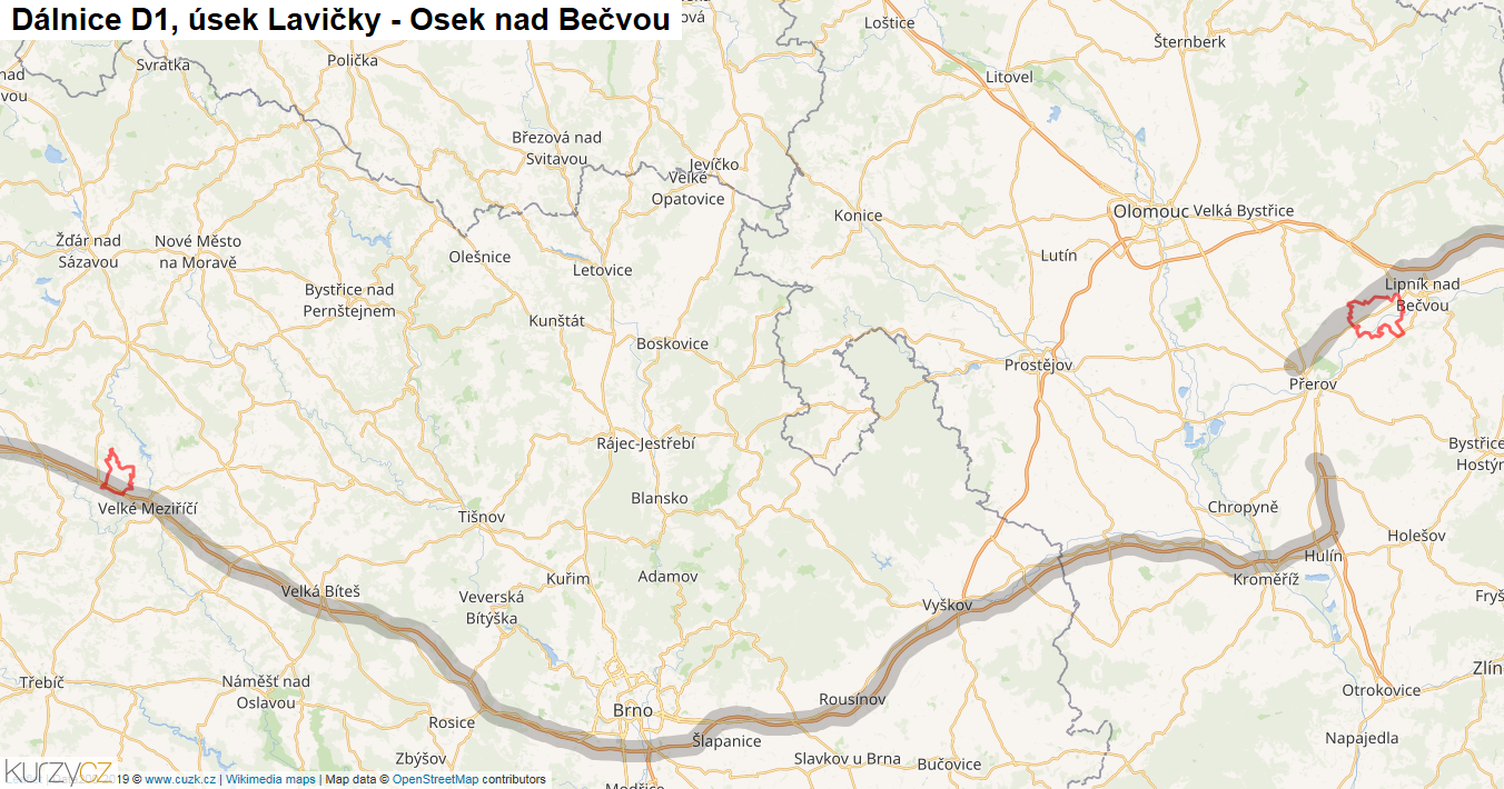 Úsek Lavičky - Osek nad Bečvou, Dálnice D1 - Mapa