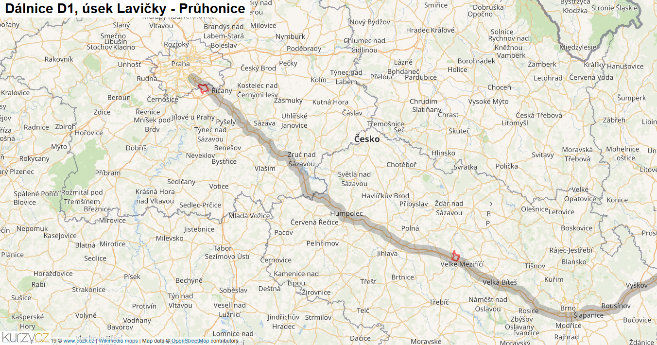 Úsek Lavičky - Průhonice, Dálnice D1 - Mapa