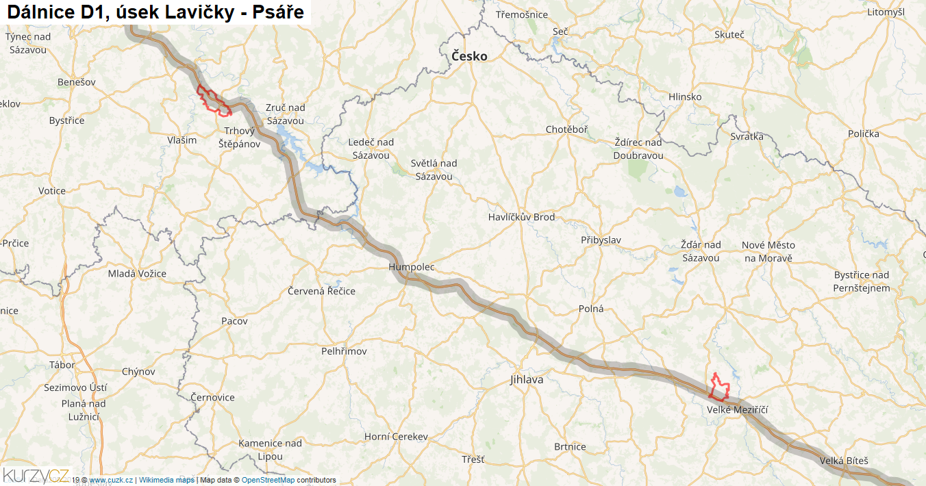 Úsek Lavičky - Psáře, Dálnice D1 - Mapa