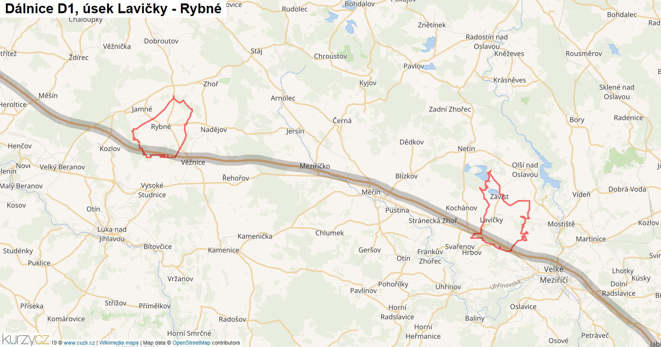 Úsek Lavičky - Rybné, Dálnice D1 - Mapa