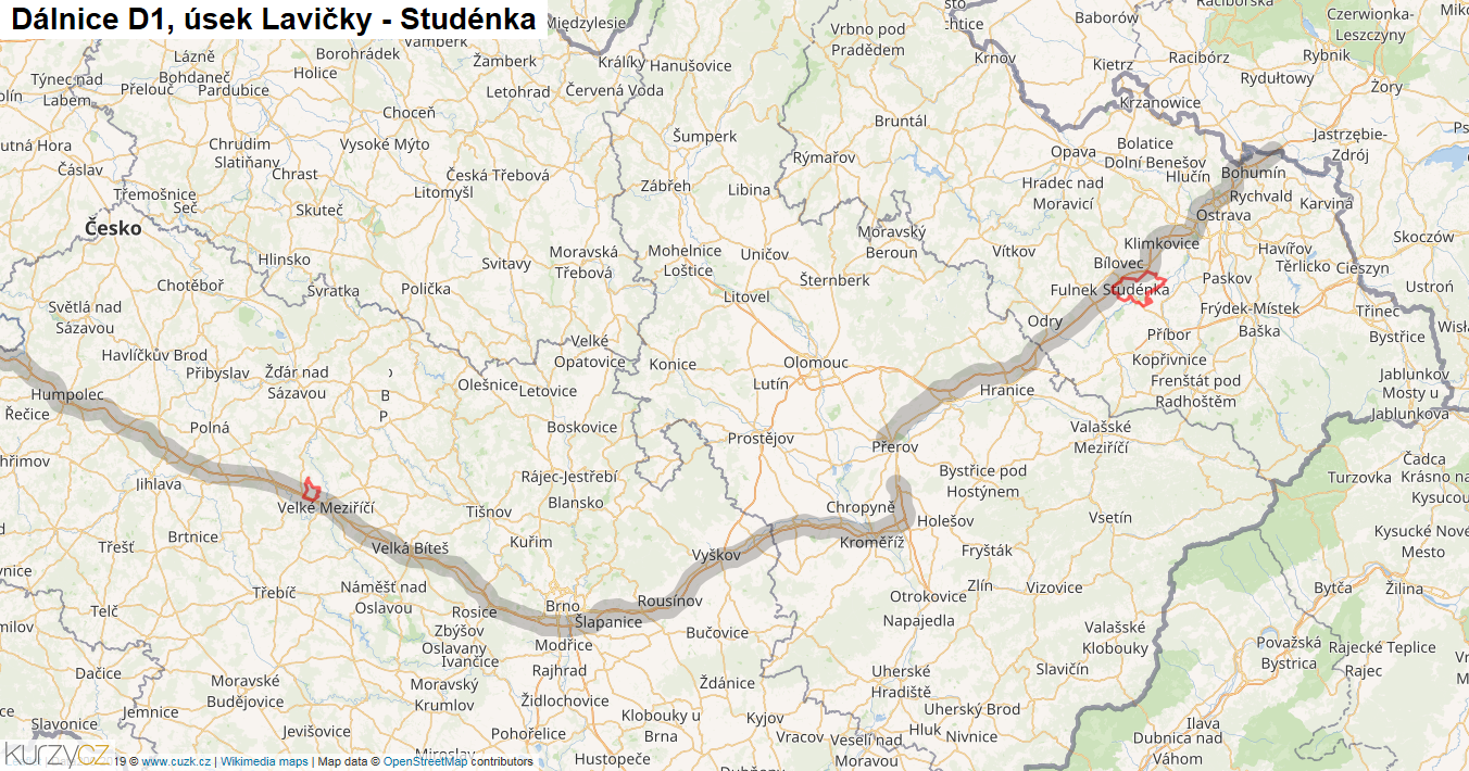 Úsek Lavičky - Studénka, Dálnice D1 - Mapa