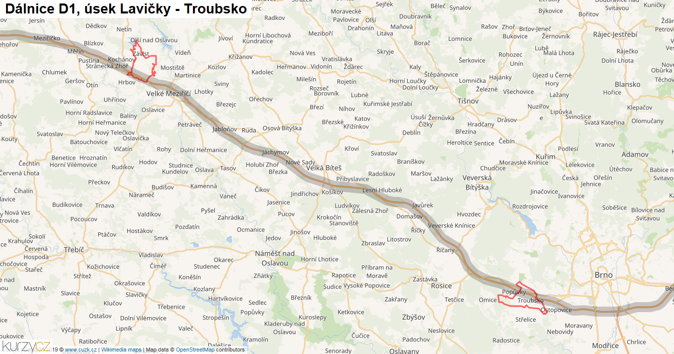 Úsek Lavičky - Troubsko, Dálnice D1 - Mapa