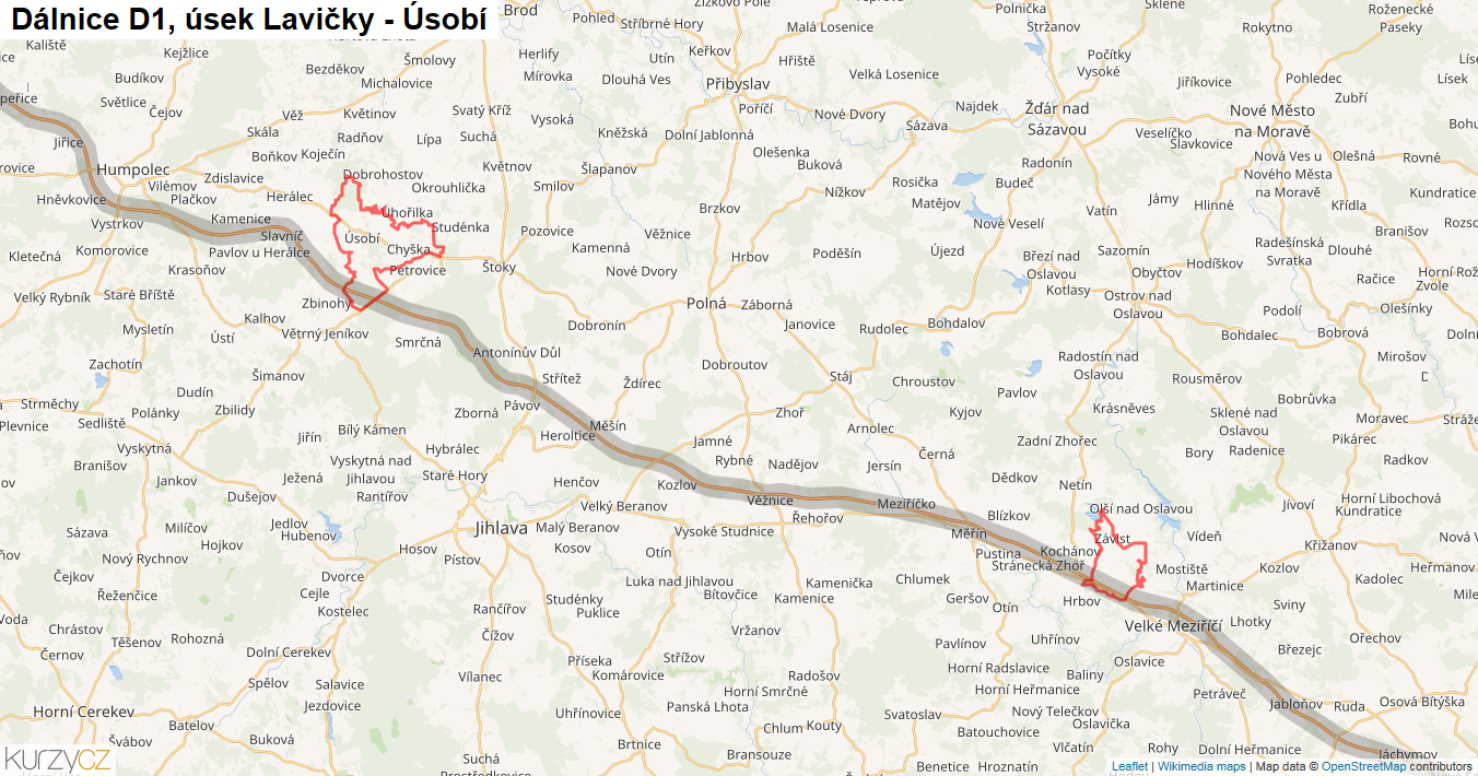 Úsek Lavičky - Úsobí, Dálnice D1 - Mapa
