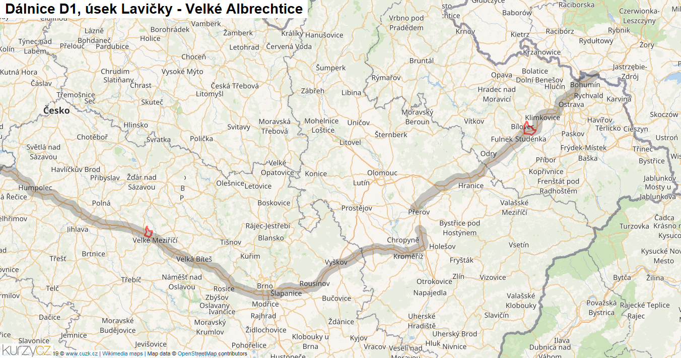 Úsek Lavičky - Velké Albrechtice, Dálnice D1 - Mapa