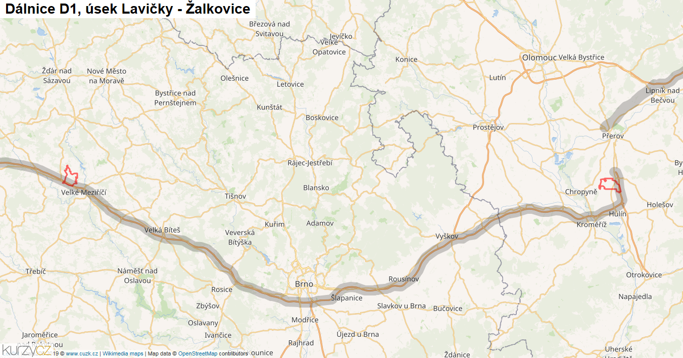 Úsek Lavičky - Žalkovice, Dálnice D1 - Mapa