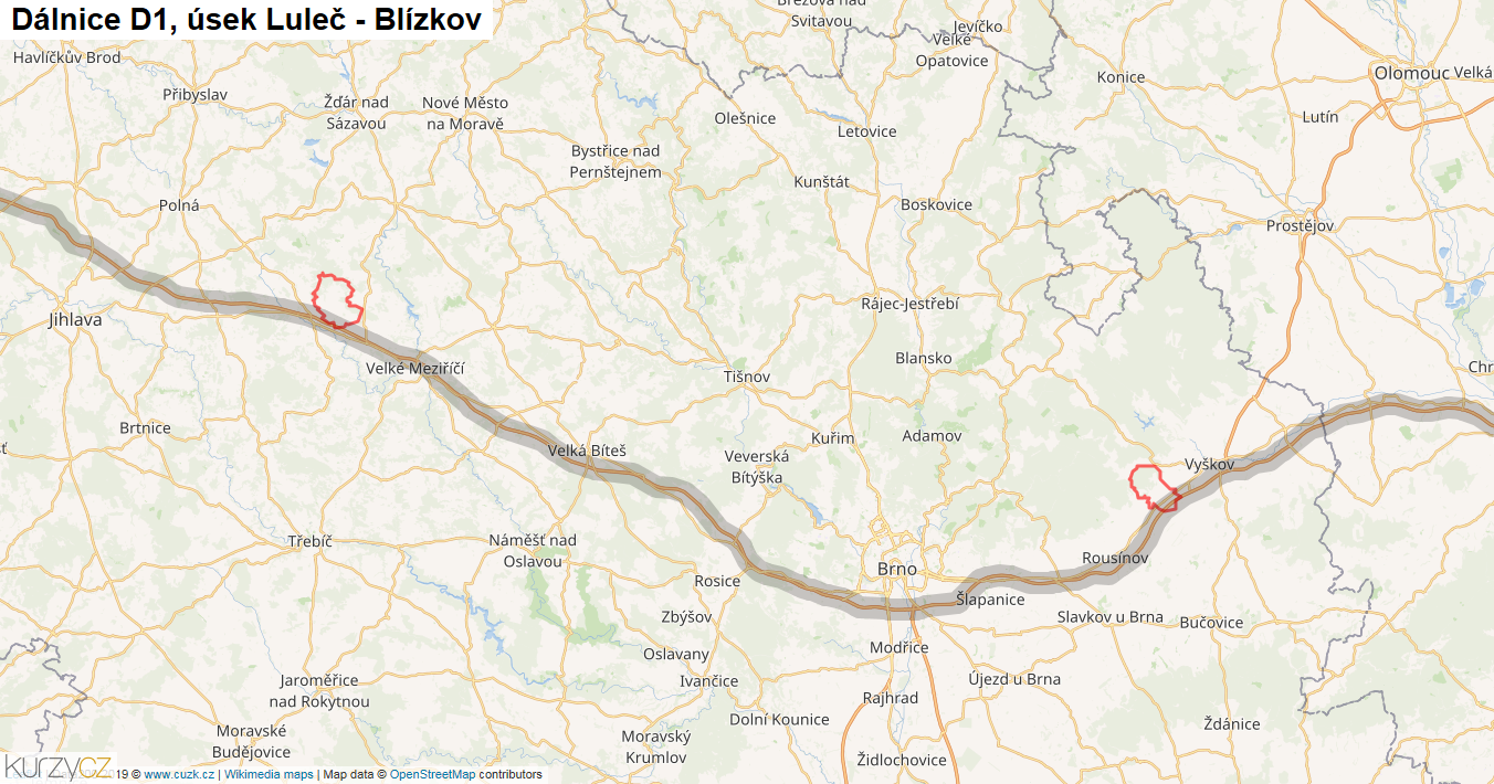 Úsek Luleč - Blízkov, Dálnice D1 - Mapa