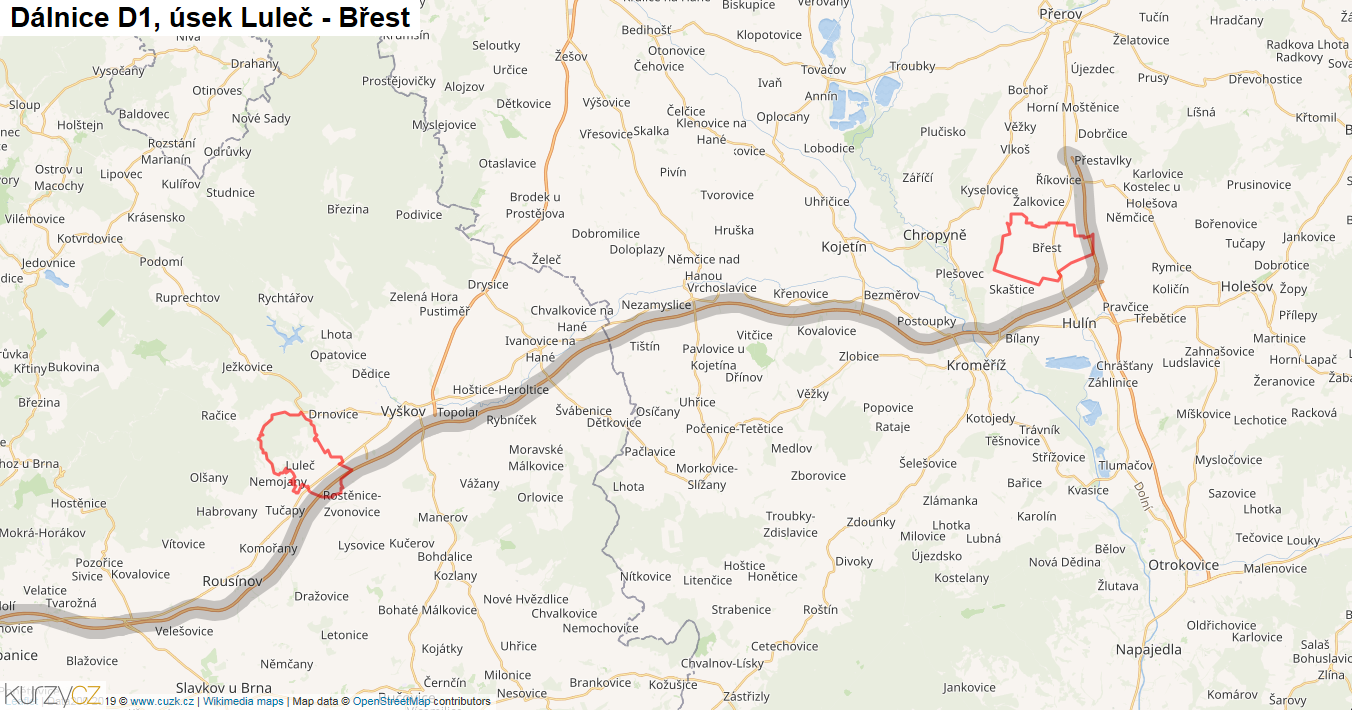 Úsek Luleč - Břest, Dálnice D1 - Mapa