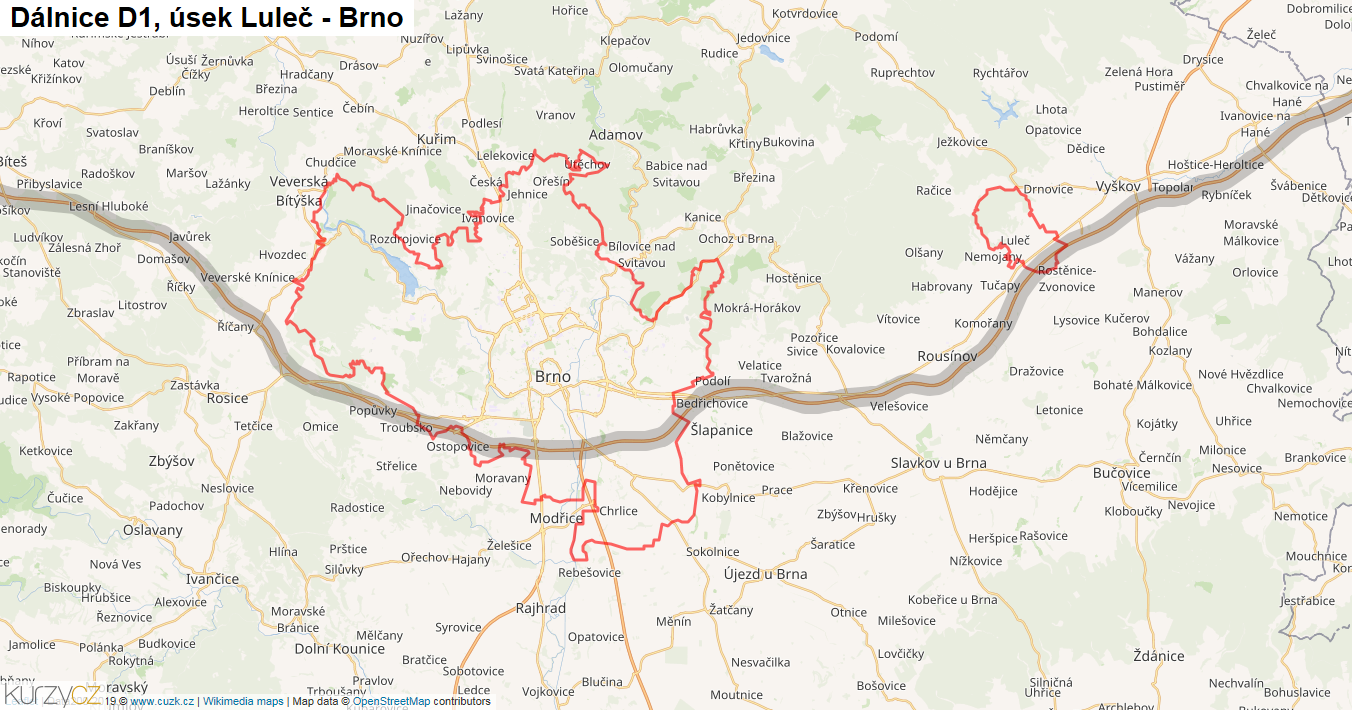 Úsek Luleč - Brno, Dálnice D1 - Mapa