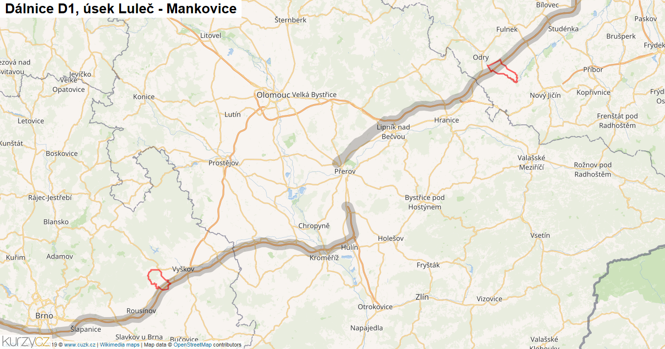 Úsek Luleč - Mankovice, Dálnice D1 - Mapa