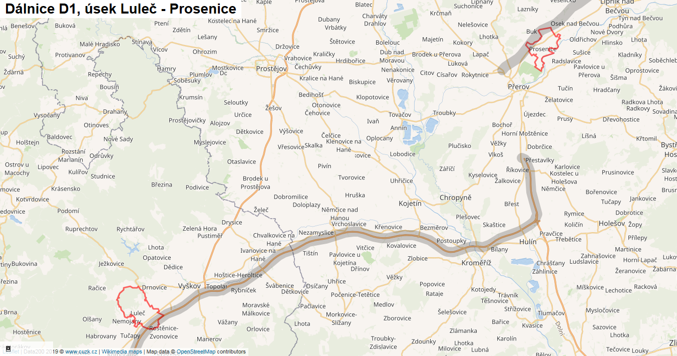 Úsek Luleč - Prosenice, Dálnice D1 - Mapa