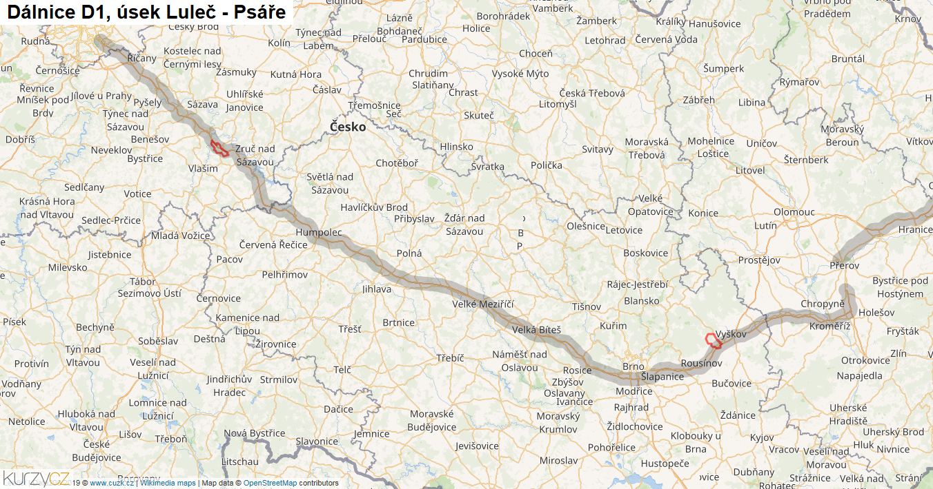 Úsek Luleč - Psáře, Dálnice D1 - Mapa