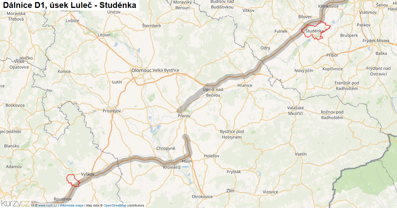 Úsek Luleč - Studénka, Dálnice D1 - Mapa