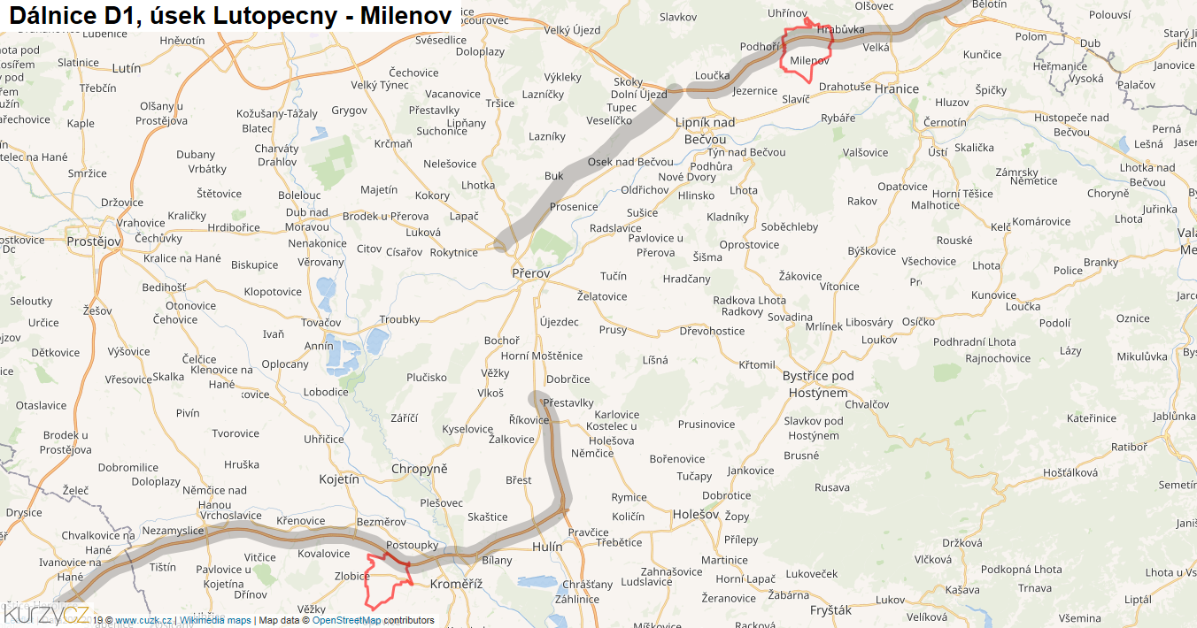 Úsek Lutopecny - Milenov, Dálnice D1 - Mapa