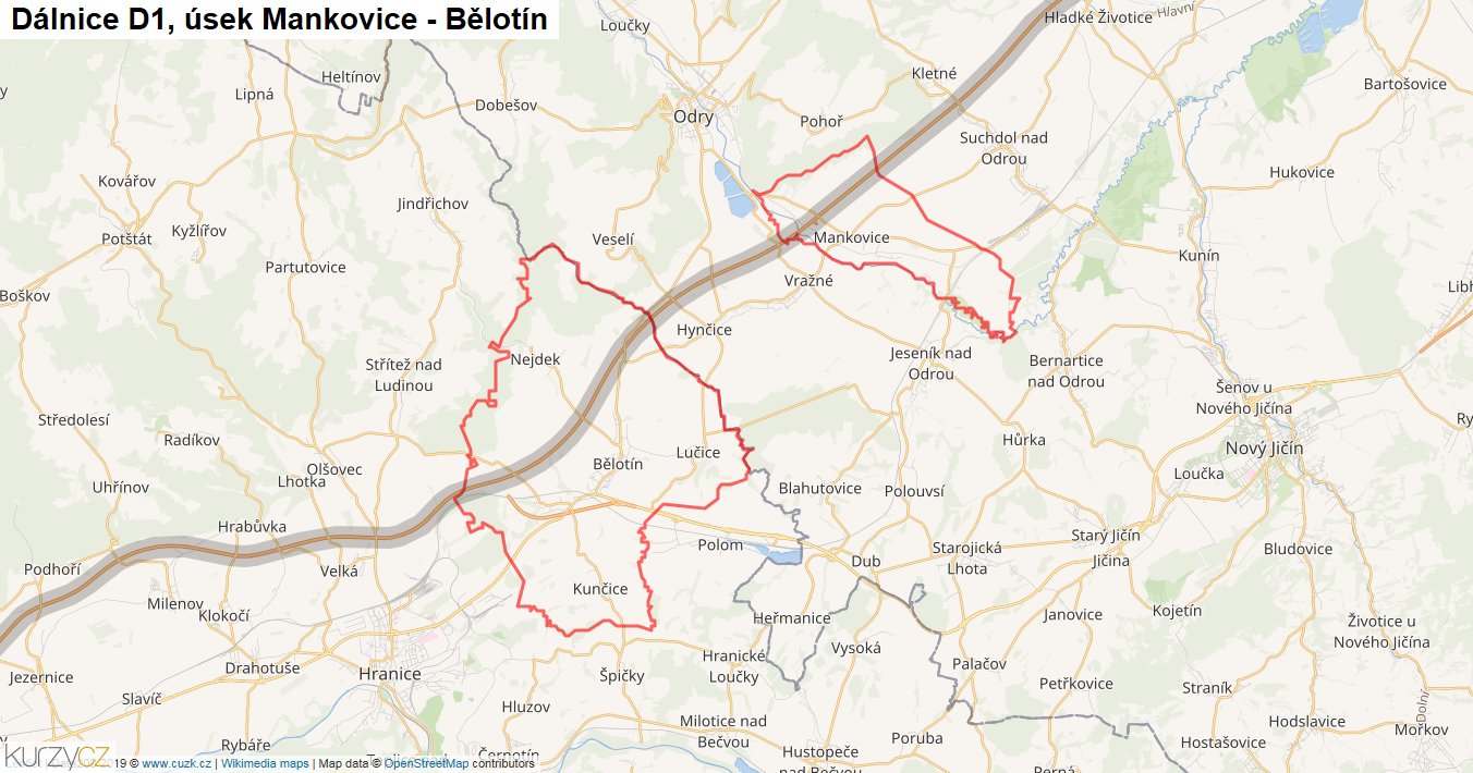 Úsek Mankovice - Bělotín, Dálnice D1 - Mapa