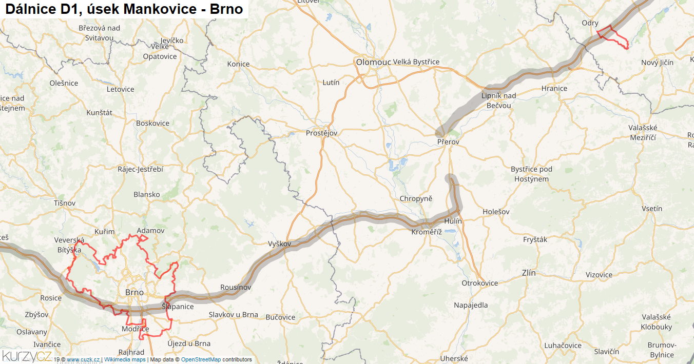 Úsek Mankovice - Brno, Dálnice D1 - Mapa