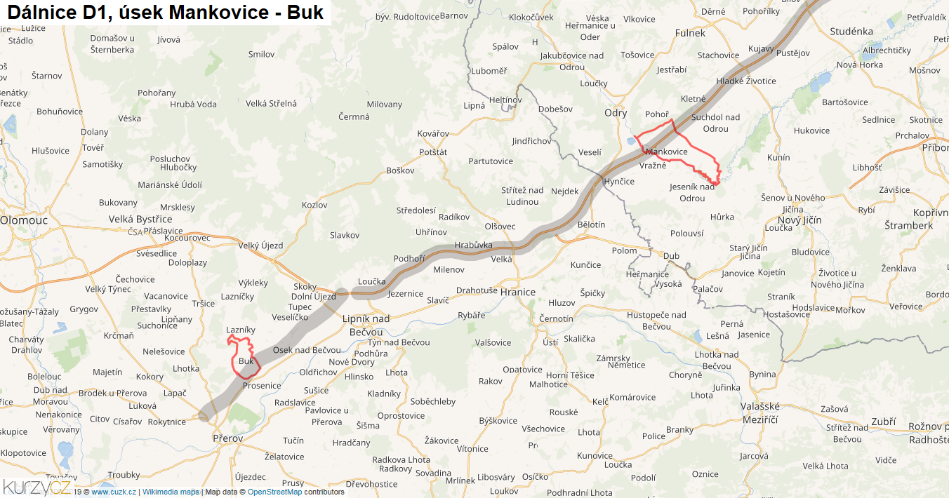 Úsek Mankovice - Buk, Dálnice D1 - Mapa