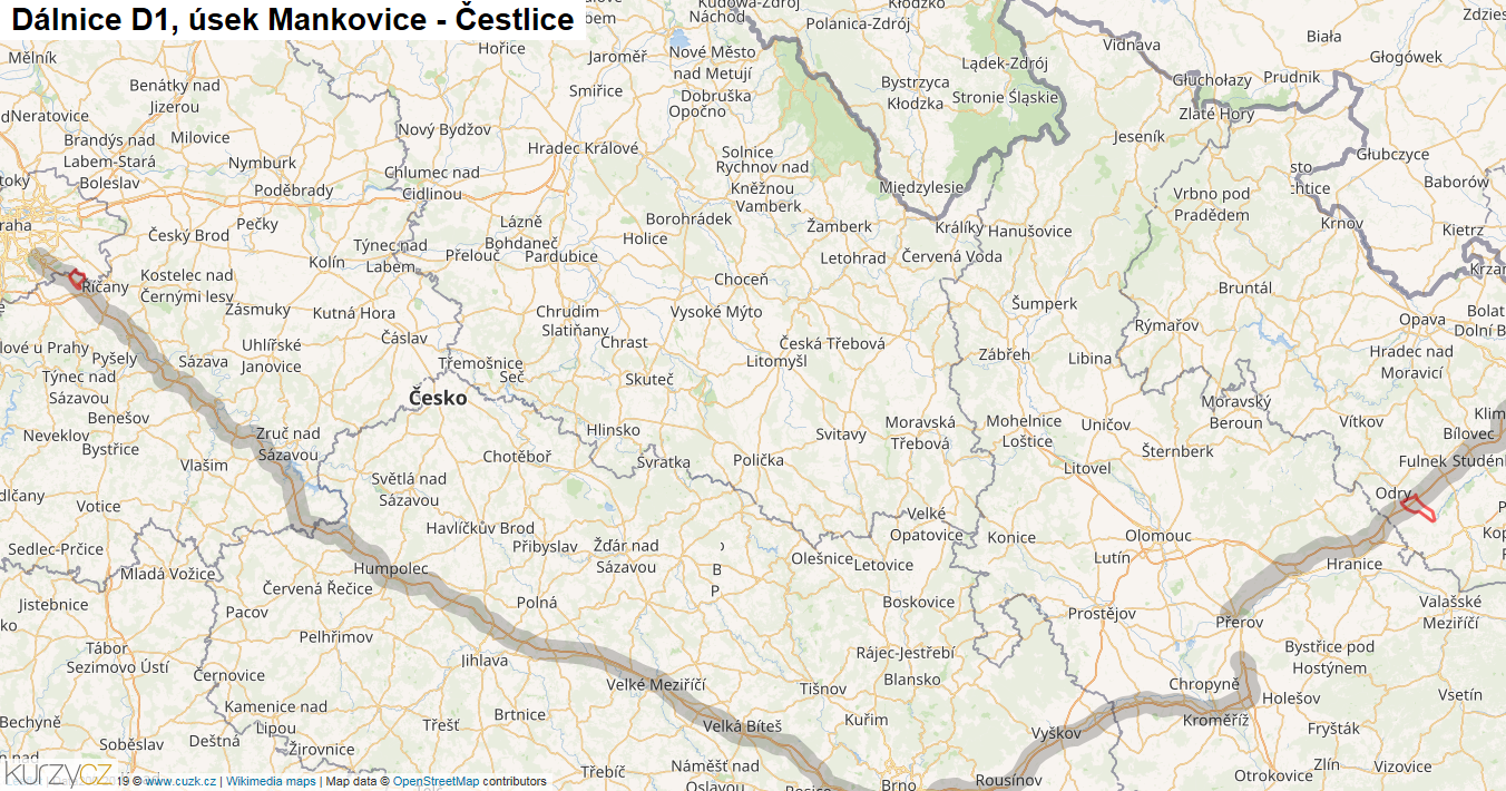 Úsek Mankovice - Čestlice, Dálnice D1 - Mapa
