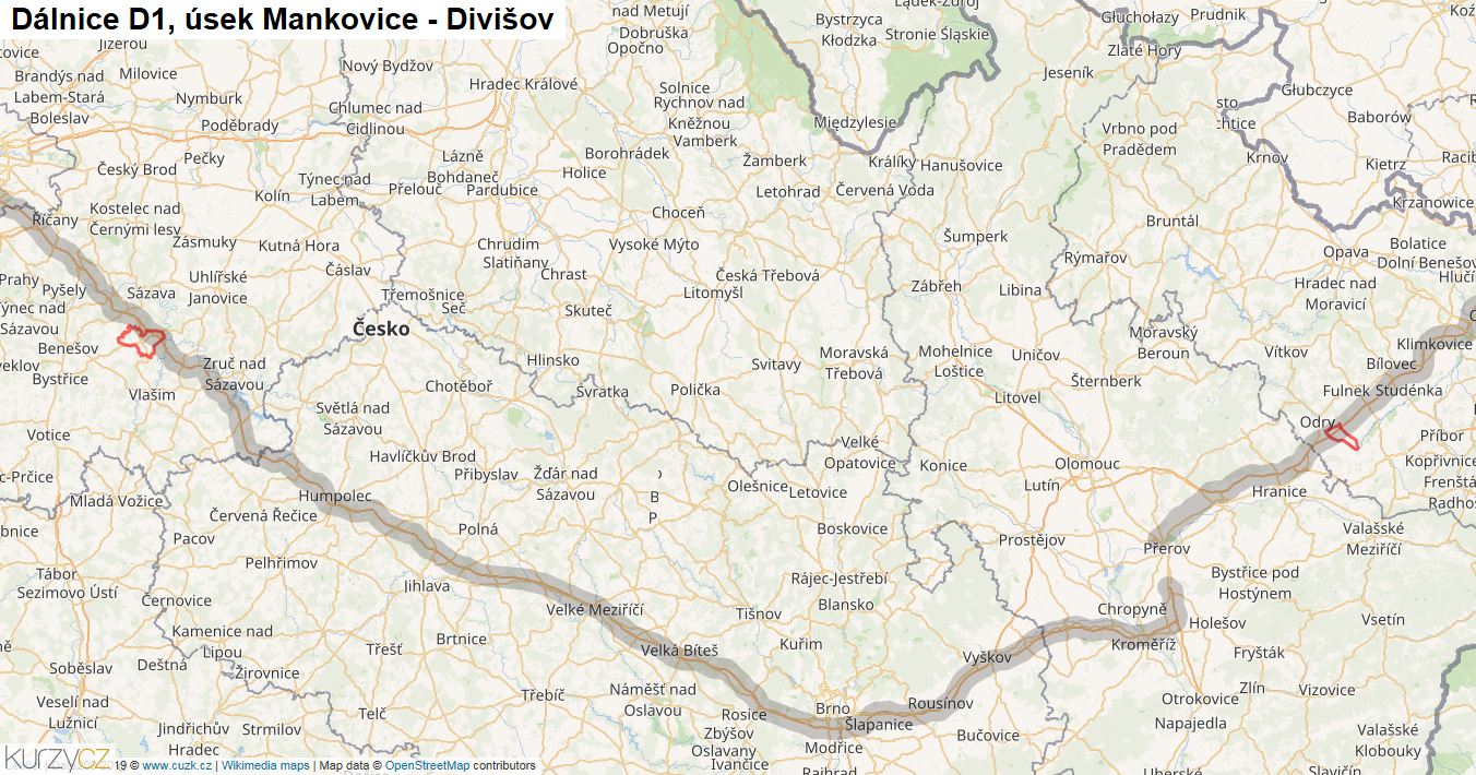 Úsek Mankovice - Divišov, Dálnice D1 - Mapa