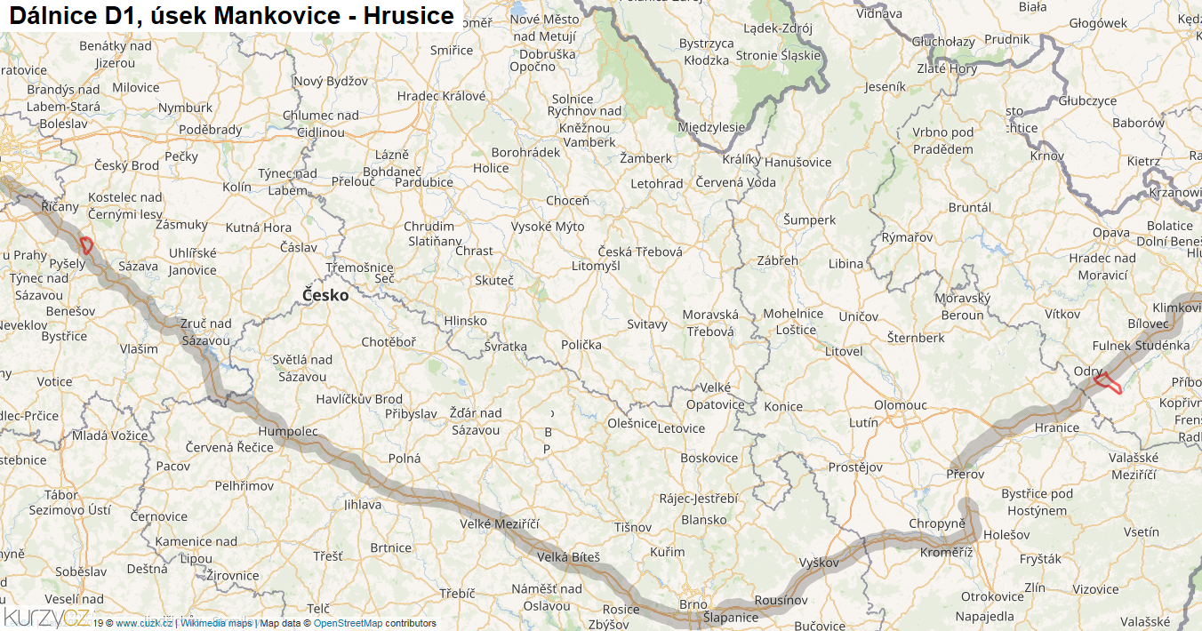 Úsek Mankovice - Hrusice, Dálnice D1 - Mapa