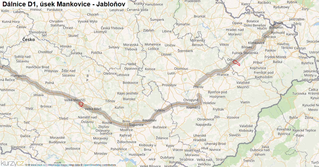 Úsek Mankovice - Jabloňov, Dálnice D1 - Mapa