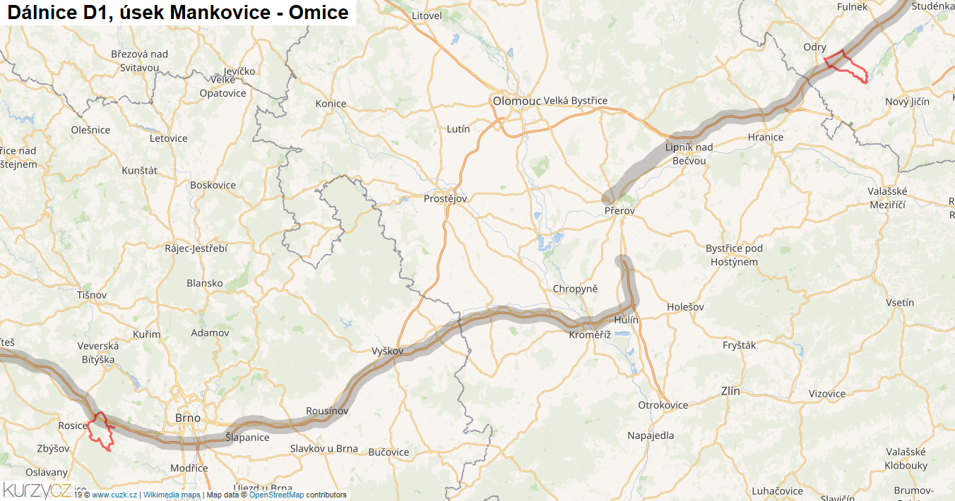 Úsek Mankovice - Omice, Dálnice D1 - Mapa