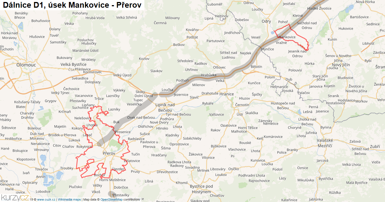 Úsek Mankovice - Přerov, Dálnice D1 - Mapa