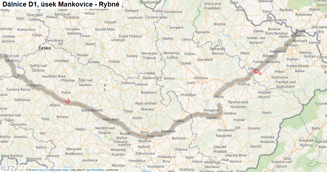 Úsek Mankovice - Rybné, Dálnice D1 - Mapa