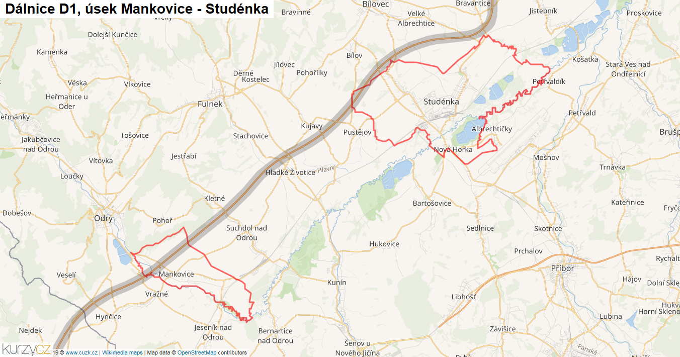 Úsek Mankovice - Studénka, Dálnice D1 - Mapa