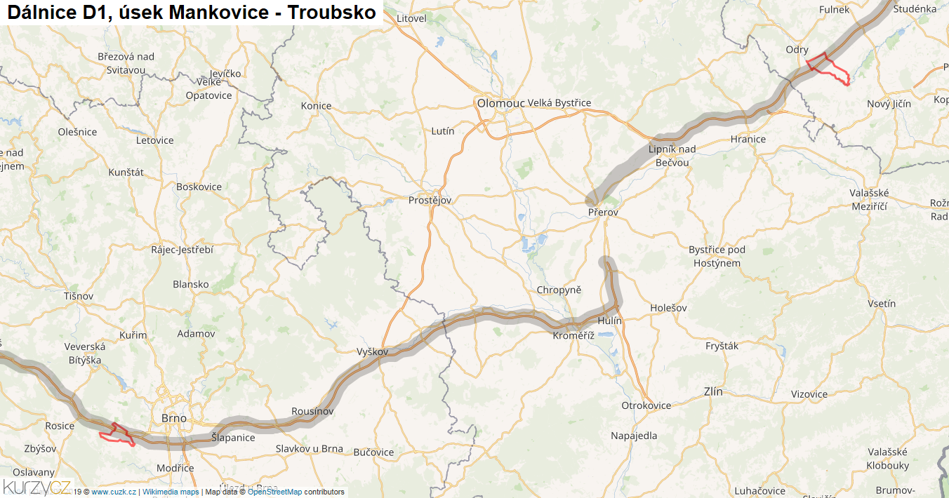 Úsek Mankovice - Troubsko, Dálnice D1 - Mapa