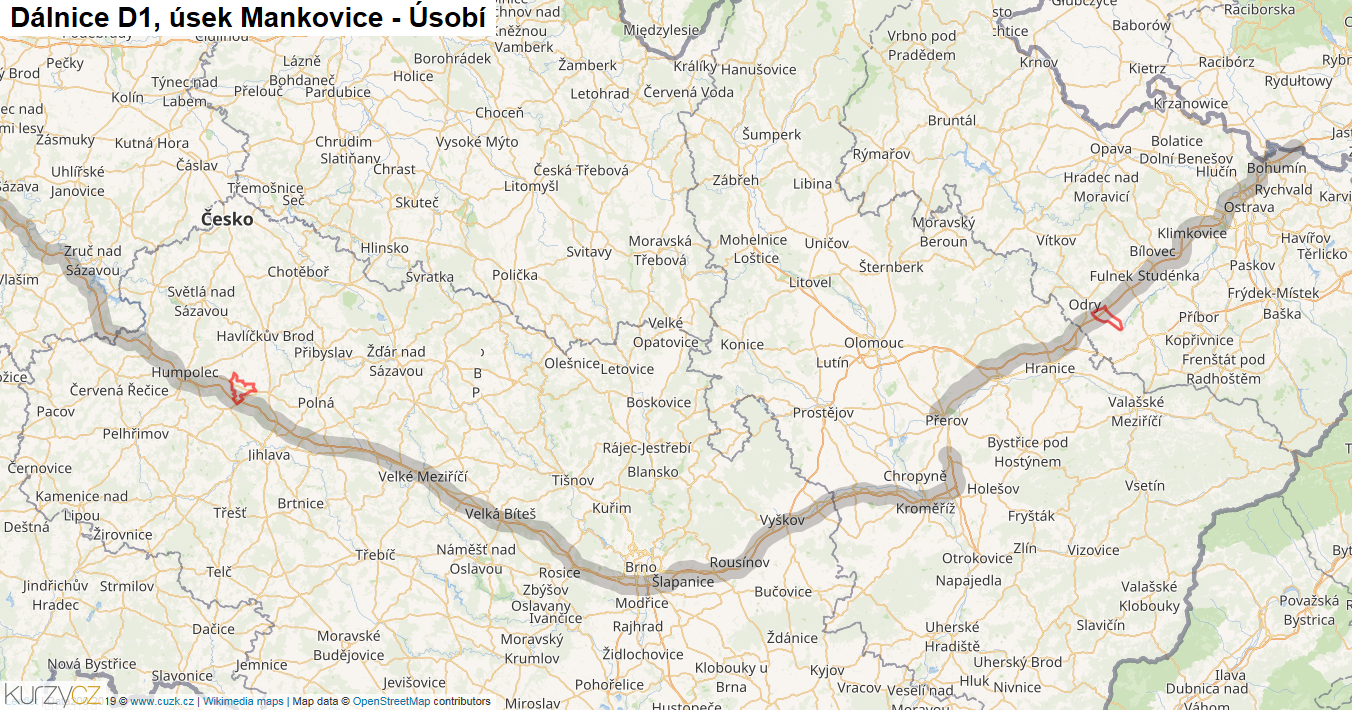 Úsek Mankovice - Úsobí, Dálnice D1 - Mapa