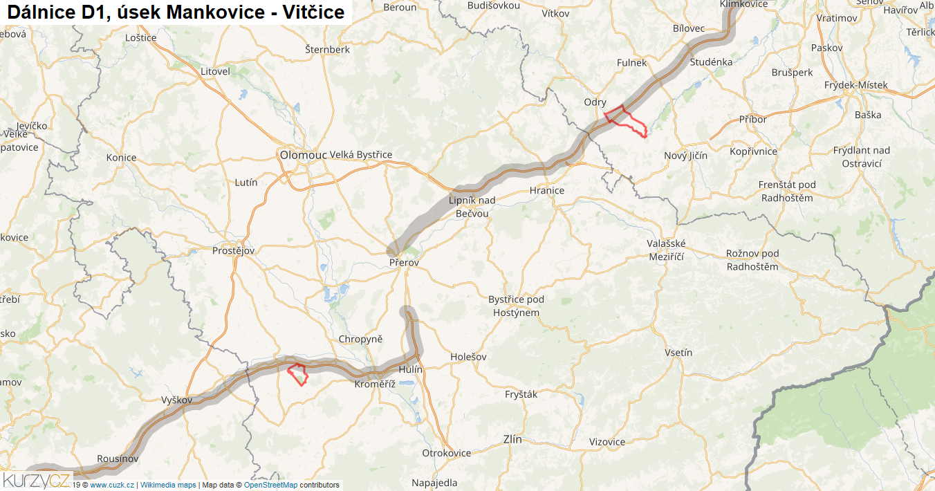 Úsek Mankovice - Vitčice, Dálnice D1 - Mapa