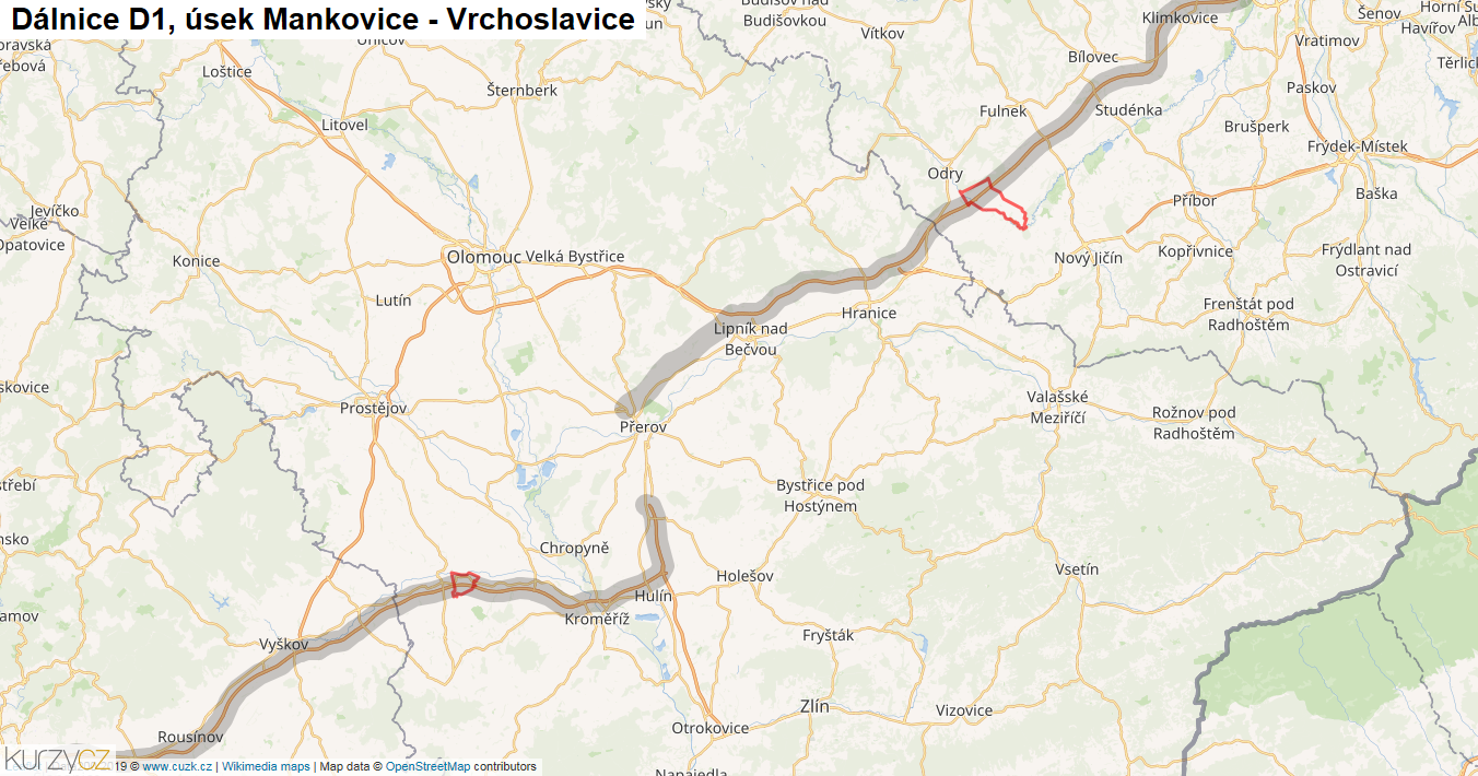 Úsek Mankovice - Vrchoslavice, Dálnice D1 - Mapa
