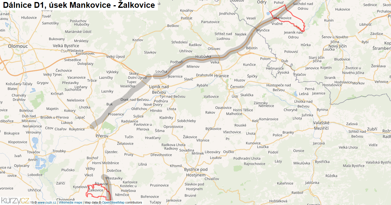 Úsek Mankovice - Žalkovice, Dálnice D1 - Mapa