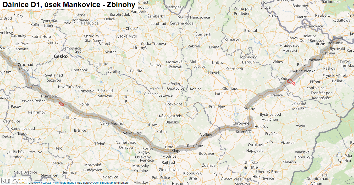 Úsek Mankovice - Zbinohy, Dálnice D1 - Mapa