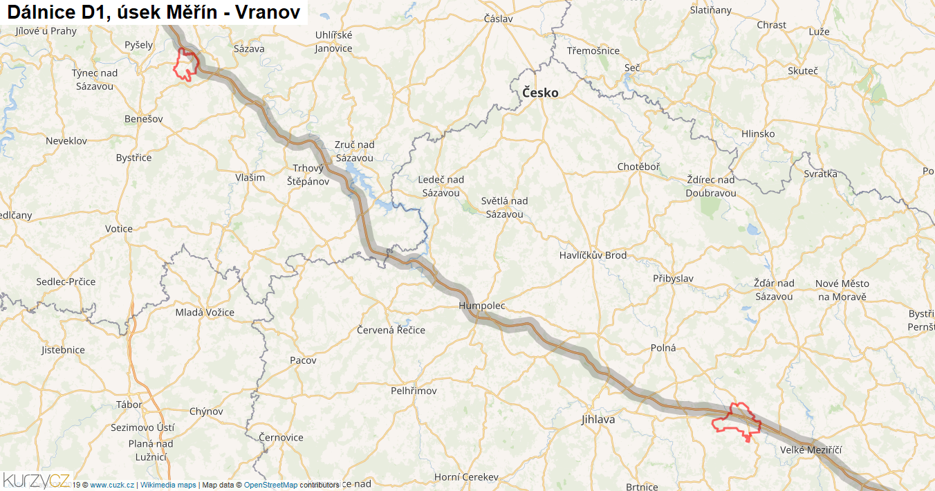 Úsek Měřín - Vranov, Dálnice D1 - Mapa