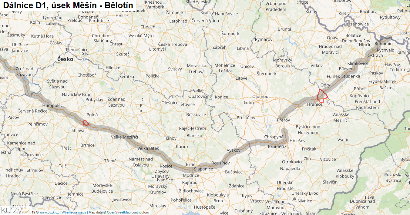 Úsek Měšín - Bělotín, Dálnice D1 - Mapa