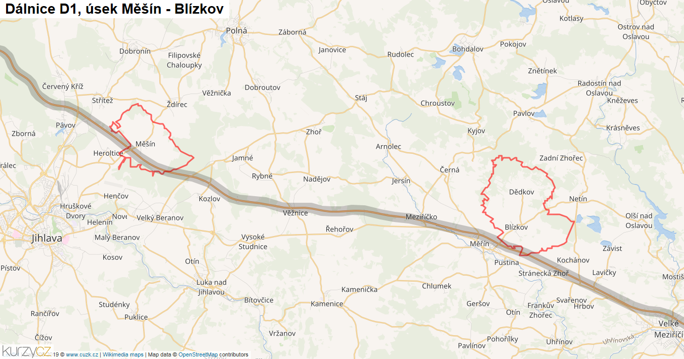 Úsek Měšín - Blízkov, Dálnice D1 - Mapa