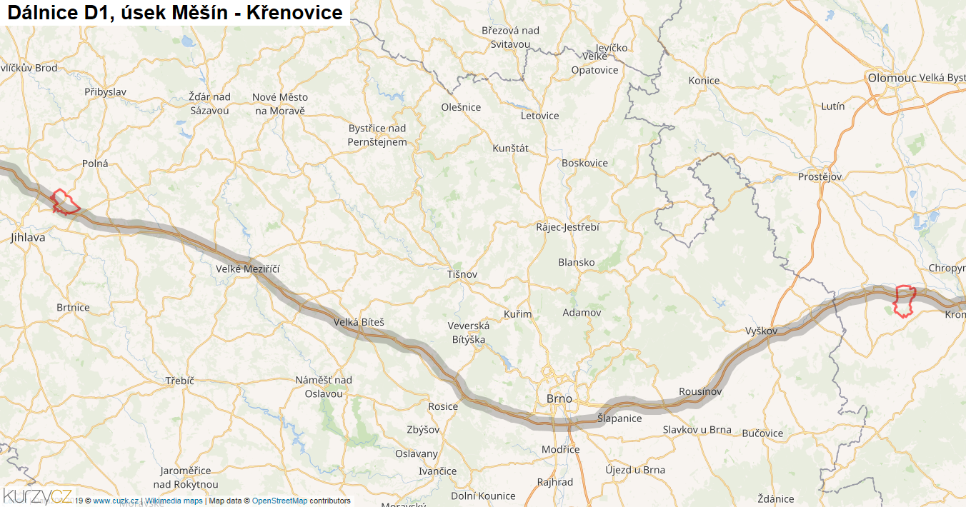 Úsek Měšín - Křenovice, Dálnice D1 - Mapa