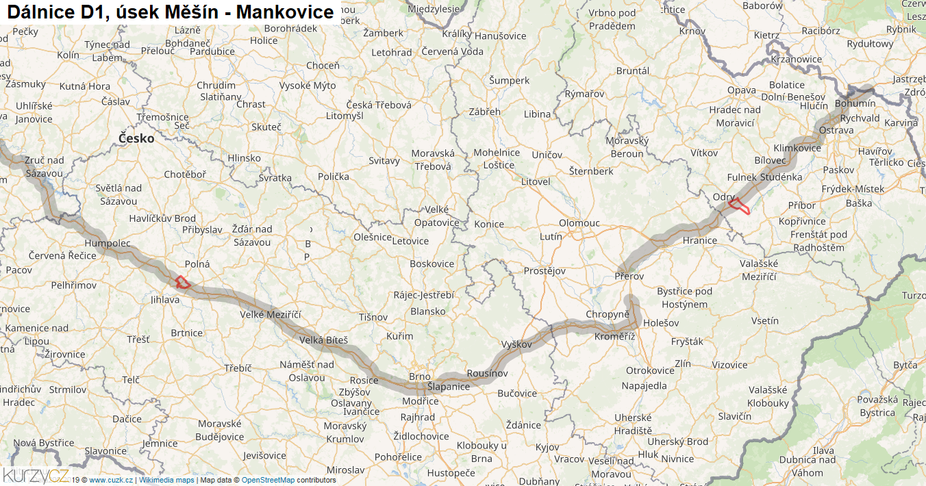 Úsek Měšín - Mankovice, Dálnice D1 - Mapa