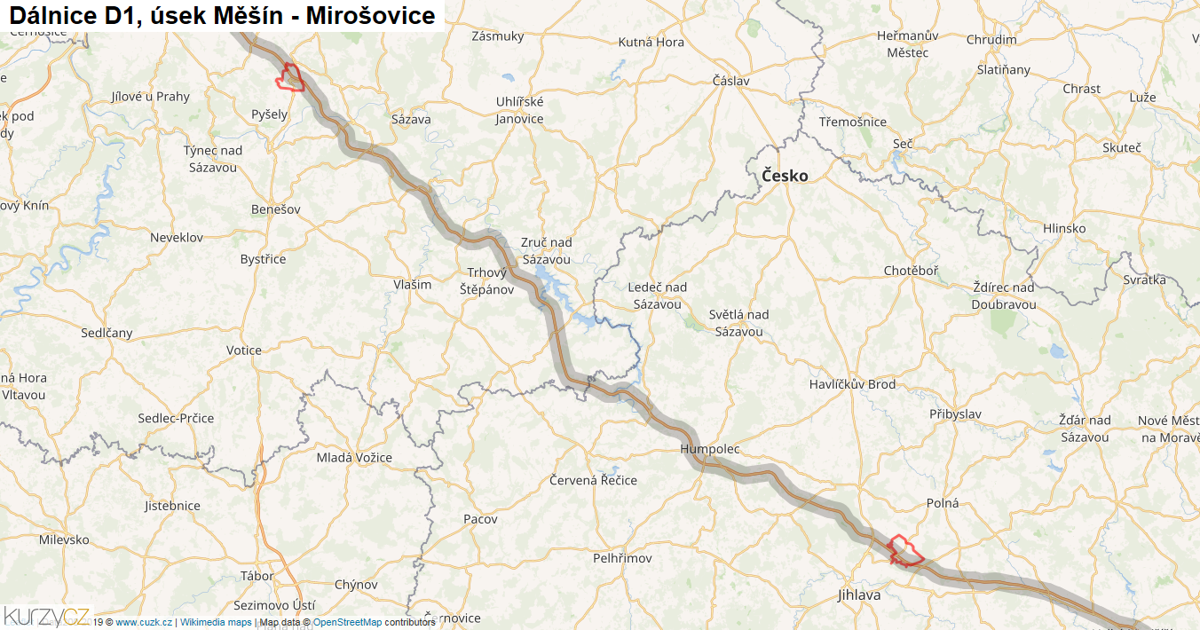 Úsek Měšín - Mirošovice, Dálnice D1 - Mapa