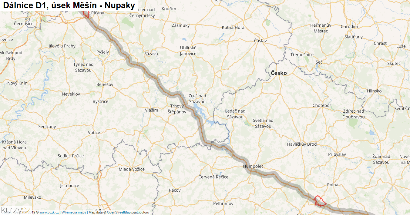 Úsek Měšín - Nupaky, Dálnice D1 - Mapa