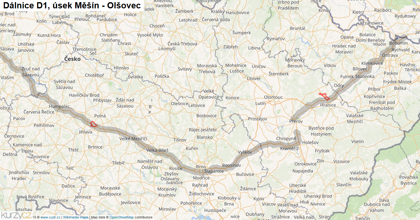 Úsek Měšín - Olšovec, Dálnice D1 - Mapa