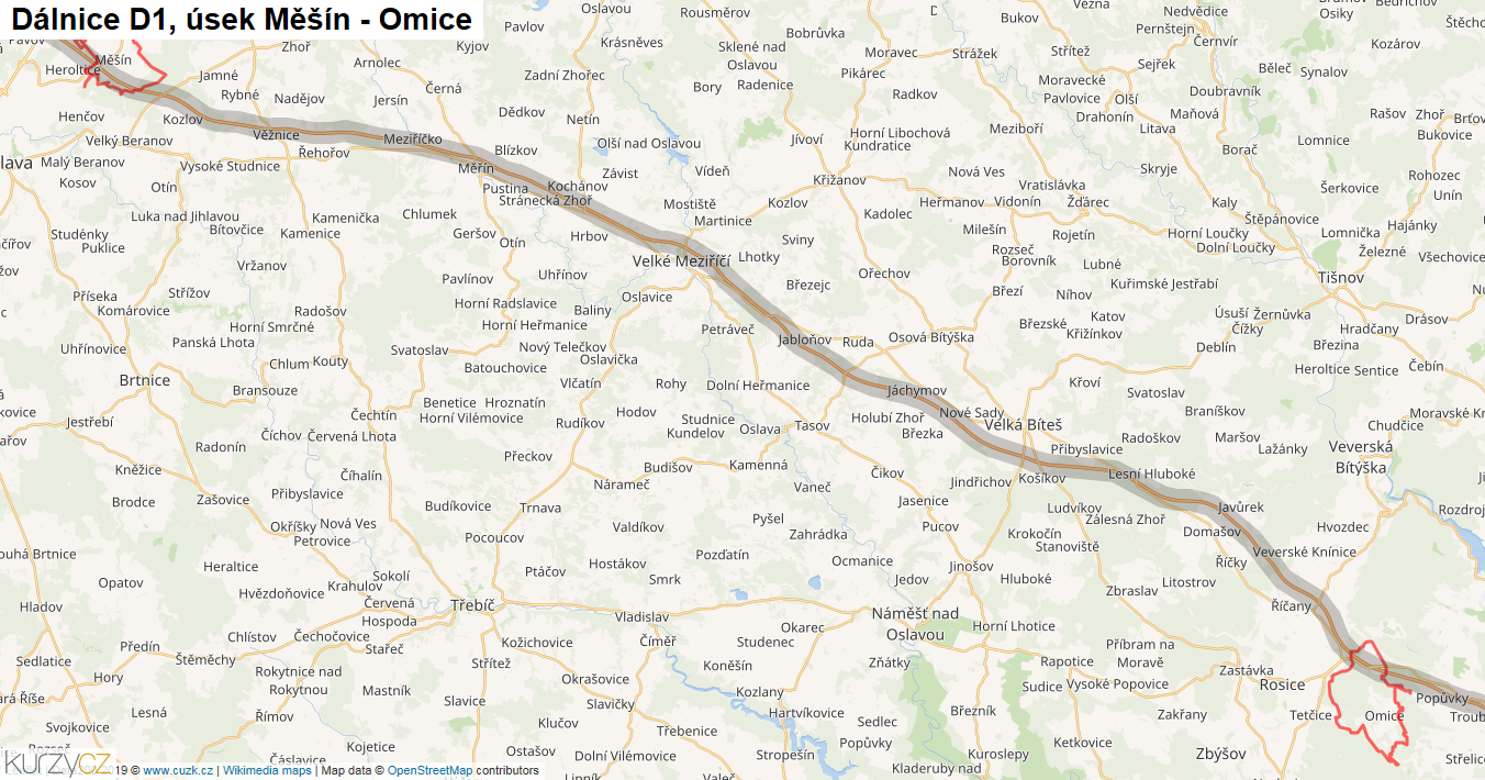 Úsek Měšín - Omice, Dálnice D1 - Mapa