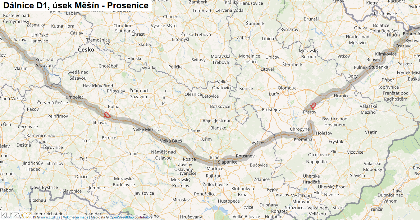 Úsek Měšín - Prosenice, Dálnice D1 - Mapa