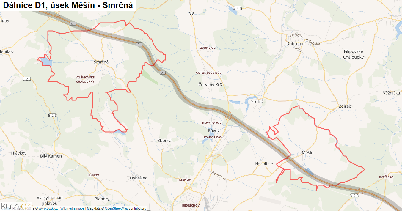 Úsek Měšín - Smrčná, Dálnice D1 - Mapa