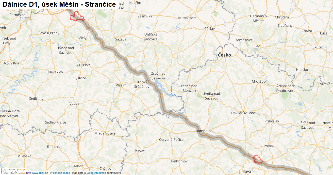 Úsek Měšín - Strančice, Dálnice D1 - Mapa