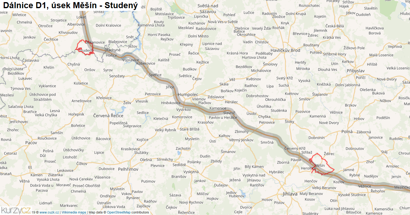 Úsek Měšín - Studený, Dálnice D1 - Mapa